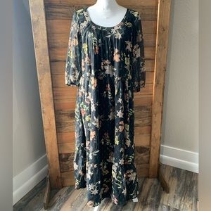 Novica black floral with metallic gold maxi dress Size Small